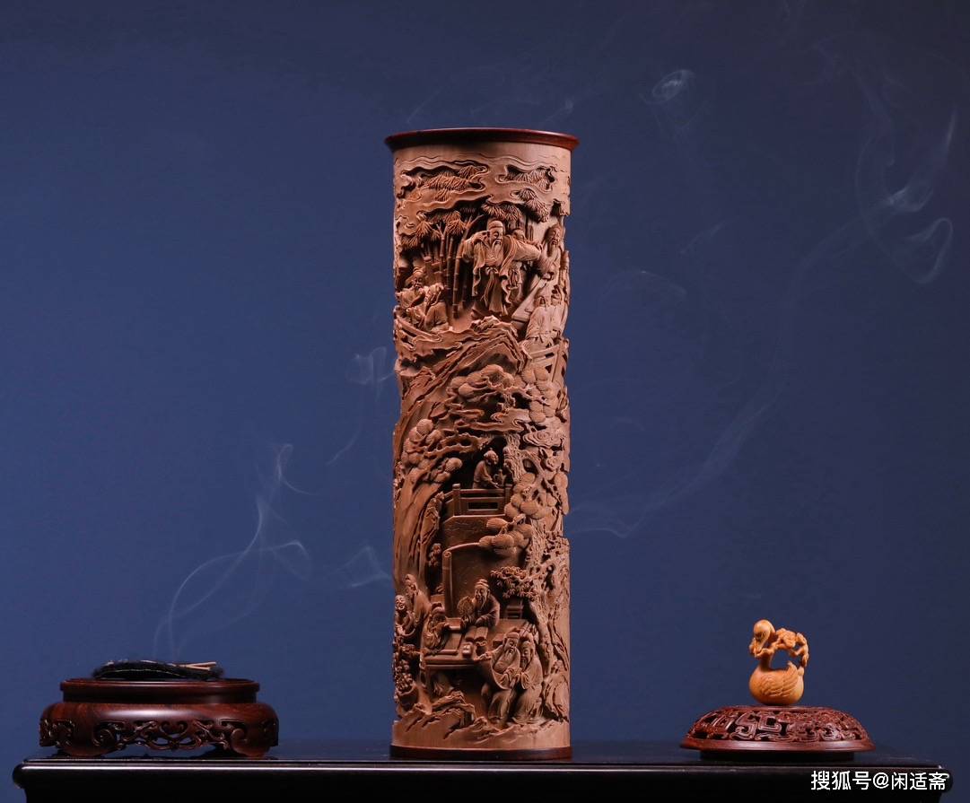 名家典藏，老山檀香，十八学士图，香筒